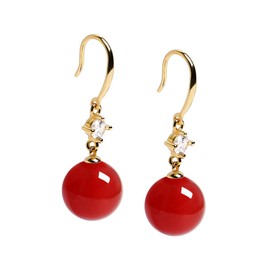 Dainty Agate Ball Dangle Earrings for Women Girls 14K Gold Plated Hypoallergenic Round CZ Crystal Drop Dangling Fish Hook Stud Earrings Fashion Birthday Wedding Holiday Jewelry Gifts (Red)