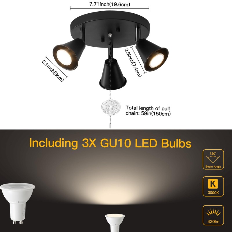 SEEBLEN 3-Light Industrial Directional Track Lighting with Pull Chain On/Off,