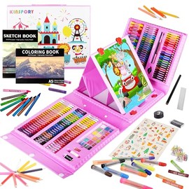 KINSPORY Kit de arte, 290 juegos de arte, kit de dibujo, caballete triple de doble cara, pasteles al óleo, lápices de colores, regalo creativo para principiantes, artistas, niñas (rosa)