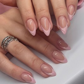 Pink French Tip False Nails Short Almond Press on Nails Nude Glossy Fake Nails with 3D Sculpting Design Glue on Nails Artificial Acrylic Full Cover Stick on Nails for Women Manicure 24 Pcs