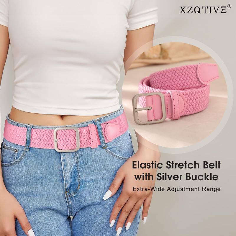 XZQTIVE Women Elastic Braided Belt with Silver Buckle, Woven Stretch