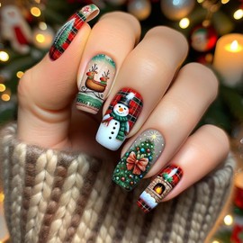 Christmas Cute Press on Nails Medium Square Fake Nails, Winter Xmas Press on Nails with Snowman Christmas Tree Elk Design Glossy False Nails Christmas Glue on nails Christmas Acrylic Nails for Women