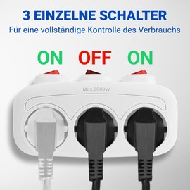 Zelkan Steckdosenleiste mit 3 horizontalen Steckdosen mit 3 einzelne Schalter - Steckdosenadapter mit Mehrfachstecker f1r die Wand - Mehrfachsteckdose ohne Kabel - Wei?