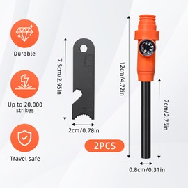 Flint and Steel Fire Starter Kit,2PCS 5-in-1 Multifuctional Fire Steel with Compass Scale Scraper Whistle Magnesium Ferrocium Rod Fire Striker Flint Fire Starter for Travelling Camping Hiking