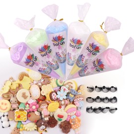 BoFUN 6-Pack Whipped Cream Glue Clay Set with 60+ Resin Charms - DIY Craft Kit for Phone Cases, Jewelry, Mirrors & Scrapbooking - Cartoon Slime Charms with Piping Tips (Brown-Yellow)