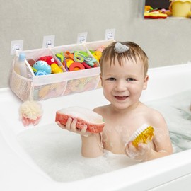 ertlutw Bath Toy Holder Mesh Bags - Bath Toy Storage Net Bathtub Toy Tidy Hanging Organiser Bag,Bath Toy Storage, 3 Compartment Horizontal Large Openings Bath Toy Organizer with 2 Side Pockets