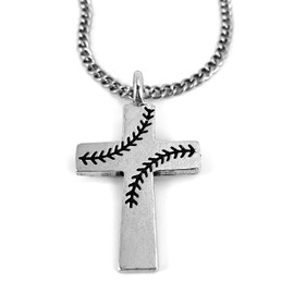 FORGIVEN JEWELRY Baseball Stitches Cross Pewter Necklace 24 Inch Chain Antique Silver Finish Softball