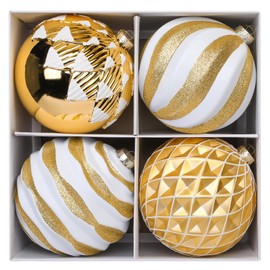 Alupssuc Christmas Baubles, 4Pcs 15cm Christmas Tree Decorations, Shatterproof Christmas Hanging Balls Set with Hooks for X-mas Party Wedding Holiday, Gold & White