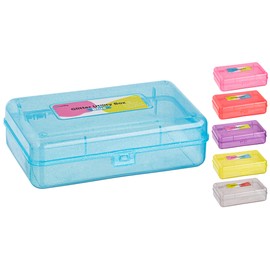 Enday Plastic Pencil Box with Snap Closure Lids Blue, Small Utility Storage Crayon School and Office Supplies Case Organizer, Also Available in Glitter Pink, Purple, Green, Red and Grey, 1 Pc