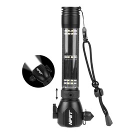 NPET T10-5 Solar Flashlight Car Flashlight Zoomable 1000 Lumens LED COB Light USB Rechargeable Tactical Multi-function Torch Emergency Tool with Window Breaker Seat Belt Cutter Compass Siren