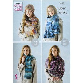 Knitting Pattern Womens Easy Knit Hat Cowl Wristwarmers Scarves Lace Wrap and Poncho in Quartz Super Chunky King Cole 5640