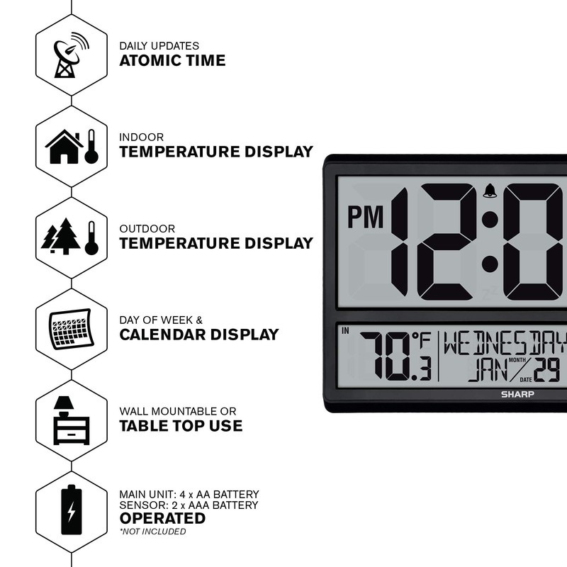 Sharp Atomic Clock - Never Needs Setting! –Easy to Read