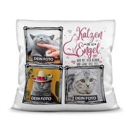 PR Print Royal Cushion with Filling with Saying "Katzen sind wie Engel - zum selbst Gestalten mit DREI Wunschfotos for the Cat Lover, Polyester Cushion - White Fluffy, 40 x 40 cm