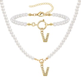 ZENGSING Initial Pearl Necklace Bracelets Set Women's Pearl Jewellery Set for Women Adjustable A-Z Capital Initial Pendant Pearl Necklaces Bead Bracelet with Initial Gifts for Women, Bronze, No