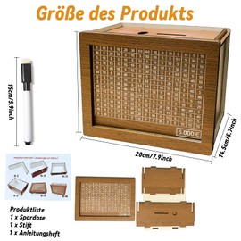 Wooden Money Box with Target Numbers, Money Box with Savings Target 5000 €, Money Box with Counter Gifts for Children and Adults 20 x 14.5 x 7.6 cm (with Erasable Pen)