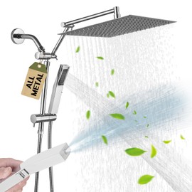 All Metal 12 Inch Rain Shower Head with Handheld Spray Combo, High Pressure Waterfall Rainfall Square Shower Heads with 16" Adjustable Extension Arm, Dual Showerhead with 3-Way Diverter, Chrome