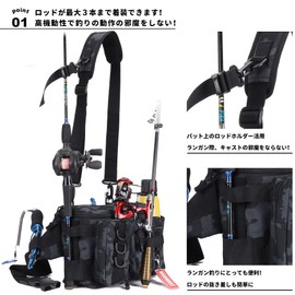 HAKAWAFLY Fishing Bag, Wide Mouth, Large Capacity, Waist Bag, Wide, 5-Way Fishing, Tackle, Waterproof, Hip, Multi-functional, Removable, Left and Right Shoulder Padded, Water Repellent, Includes 2 Rod Holders and 5 Carabiners (Blue Camouflage)