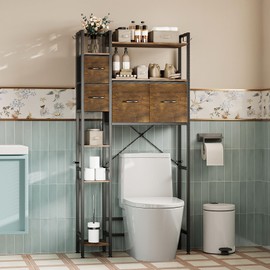 Espelism Over The Toilet Storage Rack with 4 Drawers – 7-Tier Freestanding Bathroom Organizer with Shelves, Side Racks & 4 Hooks, Rustic Brown Space Saver for Bathroom, Laundry (Rustic Brown)