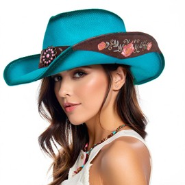 Cowboy Hats for Women Blue Cowgirl Hats Classic Woven Embroidered Straw Western Hats for Women Music Festival Party Beach