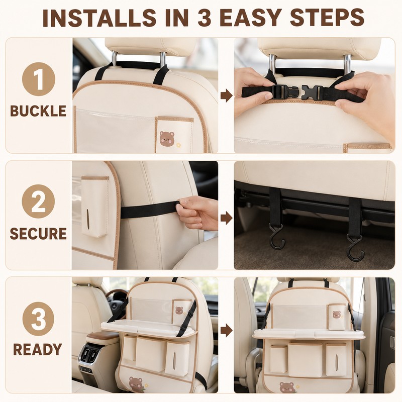PU Leather Car Seat Back Organizer with Foldable Tray, Multi-Pocket