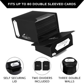 Quiver Time Black Trading Card Deck Box and Sleeves Bundle - 80+ Quiver Deck Block with 2 Dividers (Commander MTG Deck Box MTG) + 100 Artemis Black Card Sleeves with Black interior (66 x 93 mm)