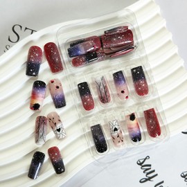 Medium Press on Nails Square Fake Nails with Fantasy Galaxy Designs Glitter Glue on Nails Star Heart False Nails Artificial Nails Reusable Full Cover Stick on Nails for Coquette Women Girls