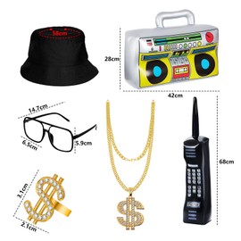YIQXKOUY 6 Pack Hip HopCostume Kit 80/90s Inflatable Radio Boombox Phone Necklace Rapper Accessories for Party Cosplay Supply