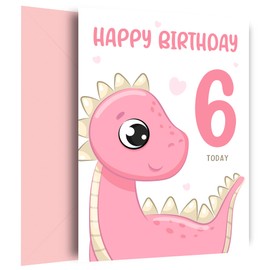 6th Birthday Card for Girl - 6 Year Old Birthday Card for Granddaughter, Daughter, Great Niece, Sister or Girls - Pink Dinosaur Birthday Card