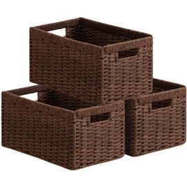 UBBCARE 3 Pack Wicker Basket, 13.4L×8.3H×7.1W inch Woven Paper Rope Storage Baskets for shelves, Foldable Rectangular Storage Baskets with Handle, Storage Basket for Organizing, Dark Brown