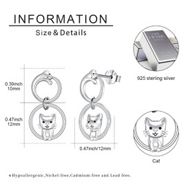 Cat Earrings for Women 925 Sterling Silver Animal Kitty Hypoallergenic Stud Earrings Cat Jewellery for Girls Ladies Cat Lovers, Sterling Silver, No Gemstone