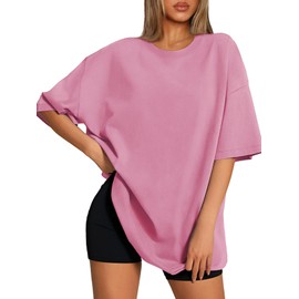ATHMILE Womens Oversized T Shirts Loose Fit Crewneck Short Sleeve Tops Summer Casual Blouse 2025 Y2K Basic Tee Beach Pink