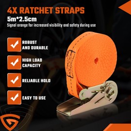 GEARCELL Tie Down Ratchet Straps Heavy Duty, 5M Long, 25mm Wide, Endless Cam Buckle Ratchet Straps 800kg Load Capacity, Adjustable Tensioning Straps for Motorcycles, Trailer, Kayak, Orange (4-Pack)