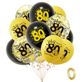 POPOYU 15Pcs 80th Birthday Balloons,Black Gold 80th Birthday Decorations for Men Women,Happy 80th Birthday Latex Balloons 12inch Confetti Balloons for Him Her Birthday Party Supplies Decoration
