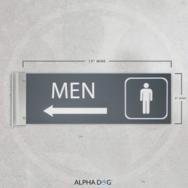 ALPHA DOG SIGNS Men's Corridor Projecting Hallway Bathroom Sign, Left Arrow, 4"x12" Double Sided, Indoor/Outdoor, Easy Install, Durable Business Wayfinding Plaque, USA-Made (Black)