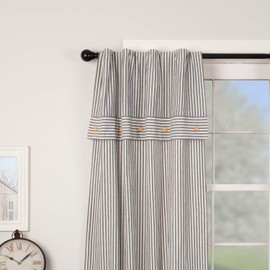 Farmhouse Ticking Stripe Gray Panel Curtains, Set of 2, 63" Long, Farmhouse Style Panels w/Attached Valance & Button Accents