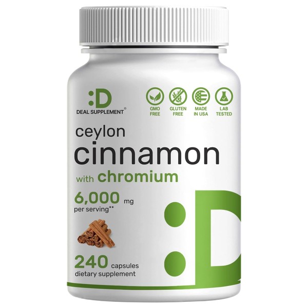 Ceylon Cinnamon 6000mg with Chromium 1000mcg, 240 Capsules | Active Inner Bark Extract, True Sri Lanka Source | Natural Cinnamon Supplements