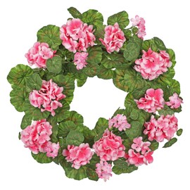 Arborus 19.6-Inch Geranium Wreath with Lush Greenery Faux Wreath – Perfect for Spring & Summer Door, Wall, or Mantel Decor, Pink
