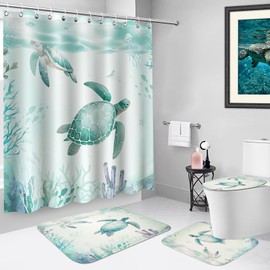 4Pcs Sea Turtle Shower Curtain Set with Non Slip Rug, Toilet Lid Cover and Bath Mat, Blue Ocean Beach Summer Shower Curtain 71"×71" Waterproof Polyester Fabric Bathroom Home Decor with 12 Hook