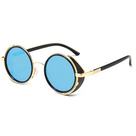 Dollger Retro Steampunk Sunglasses for Men Women Vintage Metal Circle Frame Blue Lens Side Shield Sunglasses