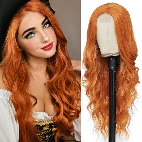 26 Inch Long Ginger Wig for Women Synthetic Orange Lace