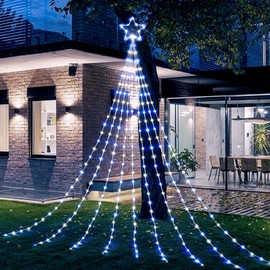 Christmas Decorations Star String Lights - 344 LED 11.8ft 9 Strands Waterfall Tree Lights with Topper Star, 8 Lighting Modes Indoor Outdoor Decorative Lights for Wedding Yard Party Home, Blue & White