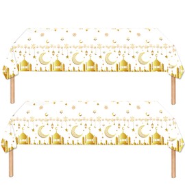 2Pcs Ramadan Table Cloth for Eid Tablecloths Party,130*220cm White Gold Eid Decorations Table Cloth Plastic Moon Star Tablecover Disposable Rectangular Table Cover for Mubarak Islam Muslim Decor