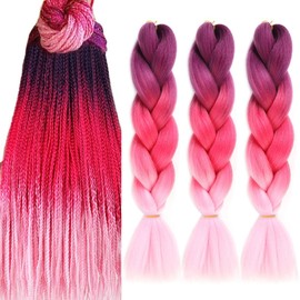 MAYSA Ombre Braiding Hair Hot Pink Braid Hair Extensions 24inch Synthetic Colorful Prestretched Braiding Hair 3Packs #Purple-Hot Pink-Pink