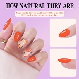 Short Nails Press on, Short Fake Nails, Glue On Nails Short,Press on Nails Short Squoval Acrylic False Nails with Orange Sweet Pomelo Press ons Designs Artificial Nails Stick on Nails for Women 24Pcs