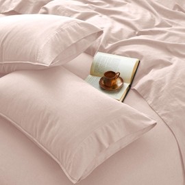 OnlySet 4Pcs Organic Linen Sheets Queen Size, 100% French Linen from Normandy, Breathable Pink Queen Sheet Set with 16 Inch Deep Pocket, 1 Flat Sheet, 1 Fitted Sheet, 2 Pillowcases