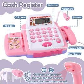 HYAKIDS Children's cash register toy with calculator function, scanner, toy grocery shopping basket, cash register children's role play, supermarket toy, gift for girls and boys from 3 years
