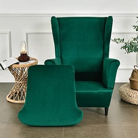 Highdi Highdi Wingback Chair Covers 2 Piece Stretch Wing Chair Slipcover, Fashion Solid color Velvet Strandmon Sofa Cover Furniture Protector for Armchair Chairs Living Room Bedroom Hotel (dark green)