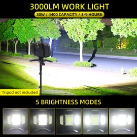 Yzoni Rechargeable Work Light, 30W 3000Lumen LED Work Light with 5 Modes, Battery Powered Magnetic Lights with 360°Rotate Foldable Design, Job Site Lighting for Car Repair, Garage, Workshop, Camping