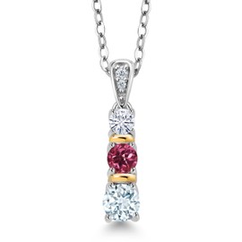 Gem Stone King 925 Silver and 10K Yellow Gold Round Sky Blue Aquamarine Pink Tourmaline and White Moissanite Pendant Necklace For Women (0.50 Cttw, Gemstone March Birthstone, with 18 Inch Chain)