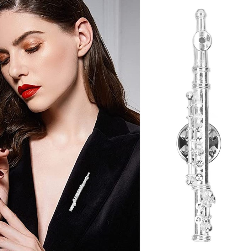 Silver Flute Brooch Miniature Musical Instrument Lapel Brooch Pin with